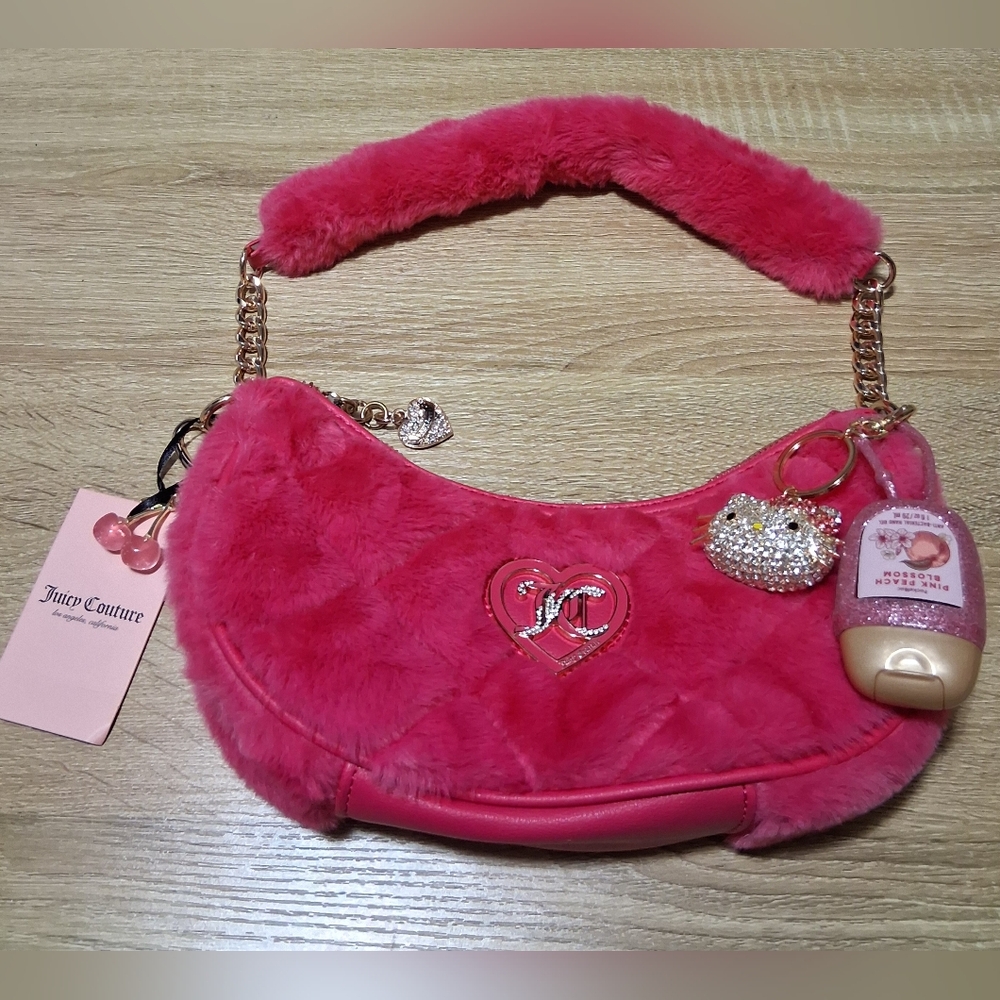 Juicy Couture Vibrant Pink Plush Shoulder Bag with B&BW Sanitizer & HK Keychains